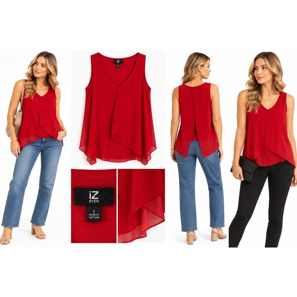 iZ BYER Tank Top Small V-Neck Layered Split Back Chiffon Blouse Vibrant Minimal